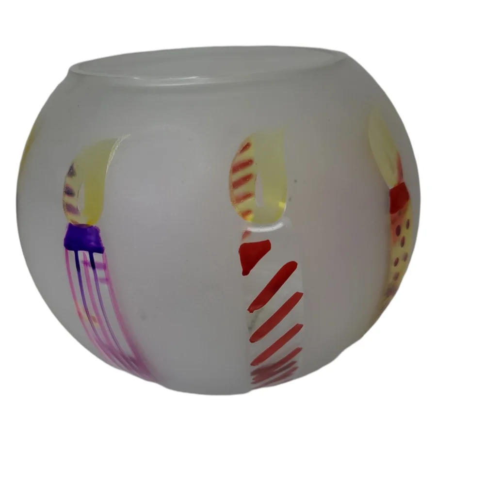 TeleFlora Circle Frosted Glass Vase Bowl w/‎ Multi-Color Hand Painted Candles